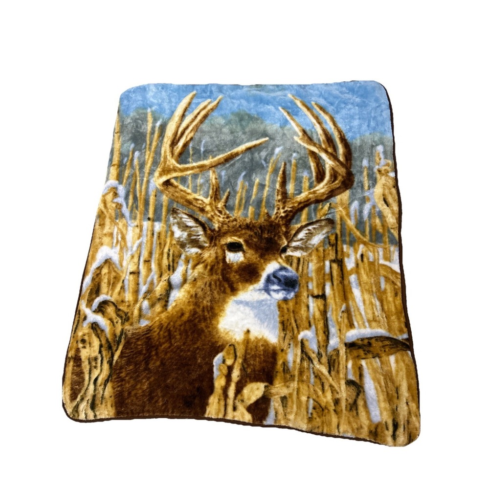 Deer Stag Buck Raschel Knit Fleece Blanket Throw Winter Woodland Hunt Cabin